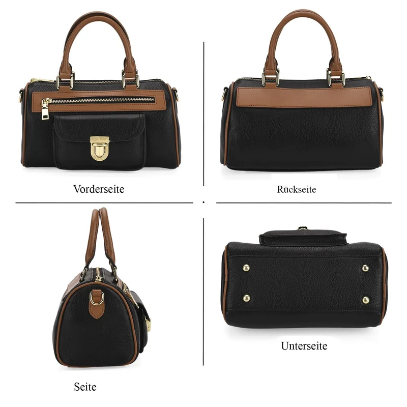 Echtleder-Duffle-Crossbody-Bag im Klassik-Design, 25,5x13x13,5 cm, Schwarz