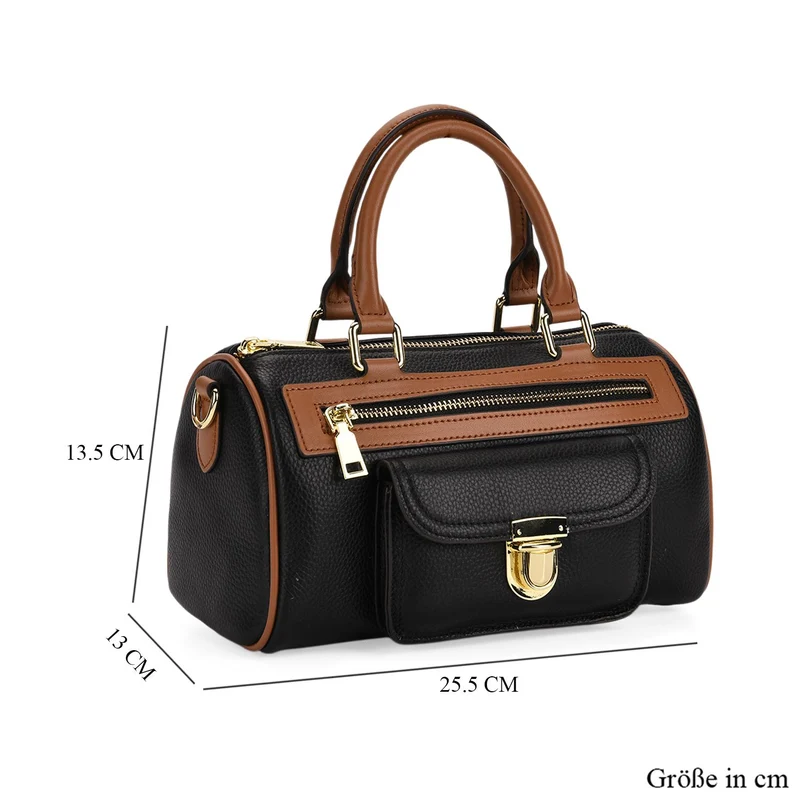 Echtleder-Duffle-Crossbody-Bag im Klassik-Design, 25,5x13x13,5 cm, Schwarz