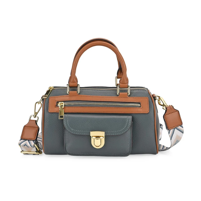 Echtleder-Duffle-Crossbody-Bag im Klassik-Design, 25,5x13x13,5 cm, Schwarz