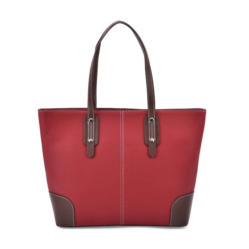 Echtleder Modische, geräumige Kontrastfarbene Tasche mit Verschluss, Größe: 33x13x29 cm, Rot