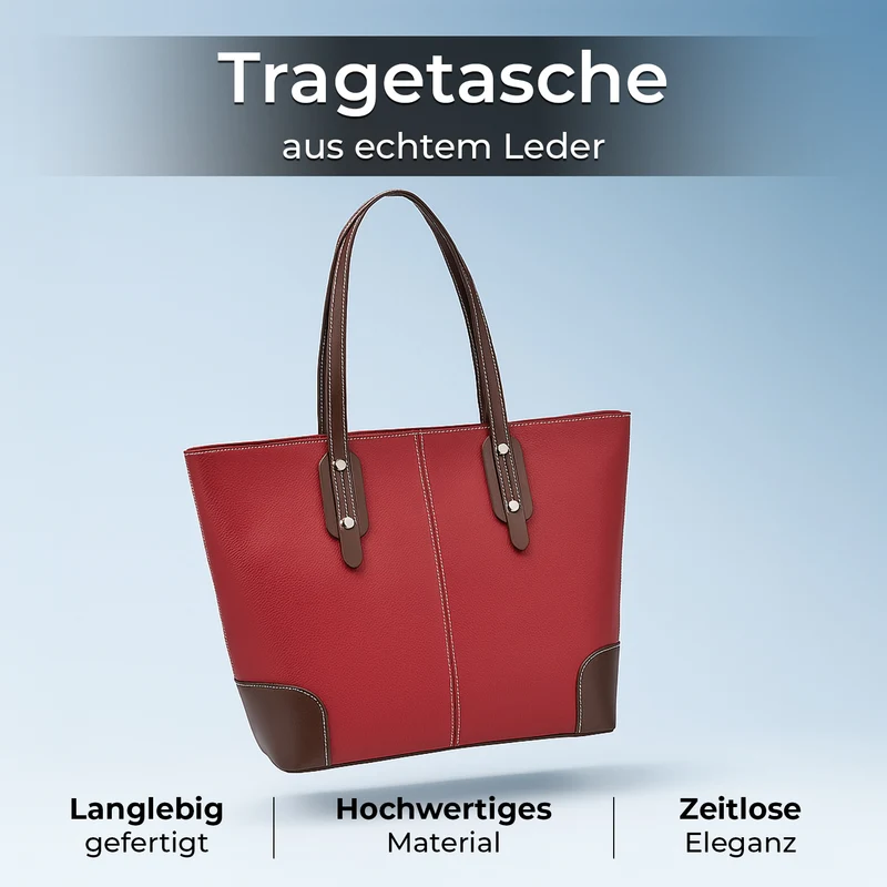 Echtleder Modische, geräumige Kontrastfarbene Tasche mit Verschluss, Größe: 33x13x29 cm, Rot