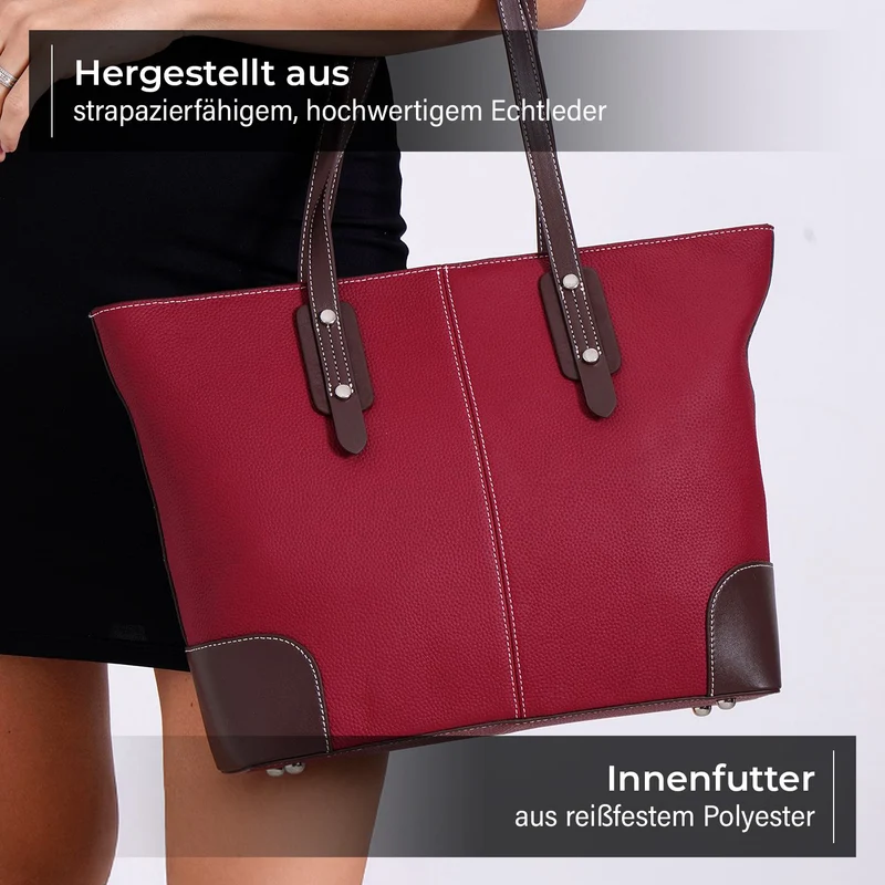 Echtleder Modische, geräumige Kontrastfarbene Tasche mit Verschluss, Größe: 33x13x29 cm, Rot
