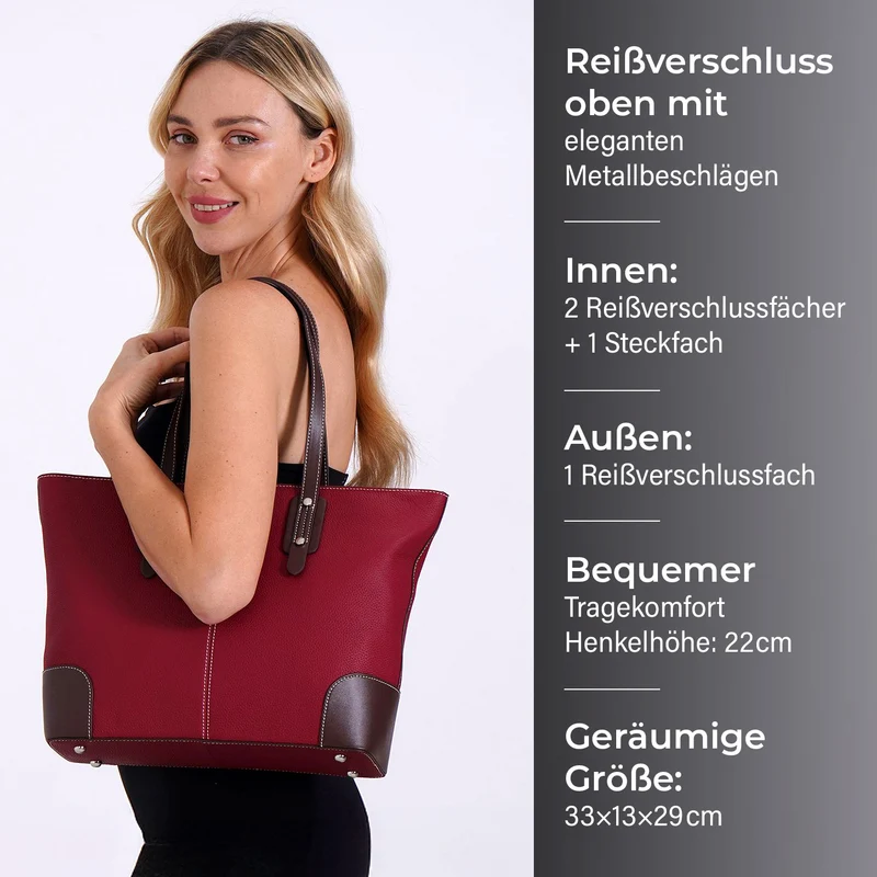 Echtleder Modische, geräumige Kontrastfarbene Tasche mit Verschluss, Größe: 33x13x29 cm, Rot