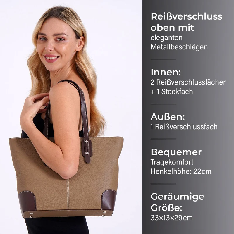 Echtleder Modische, geräumige Kontrastfarbene Tasche mit Verschluss, Größe: 33x13x29 cm, Rot