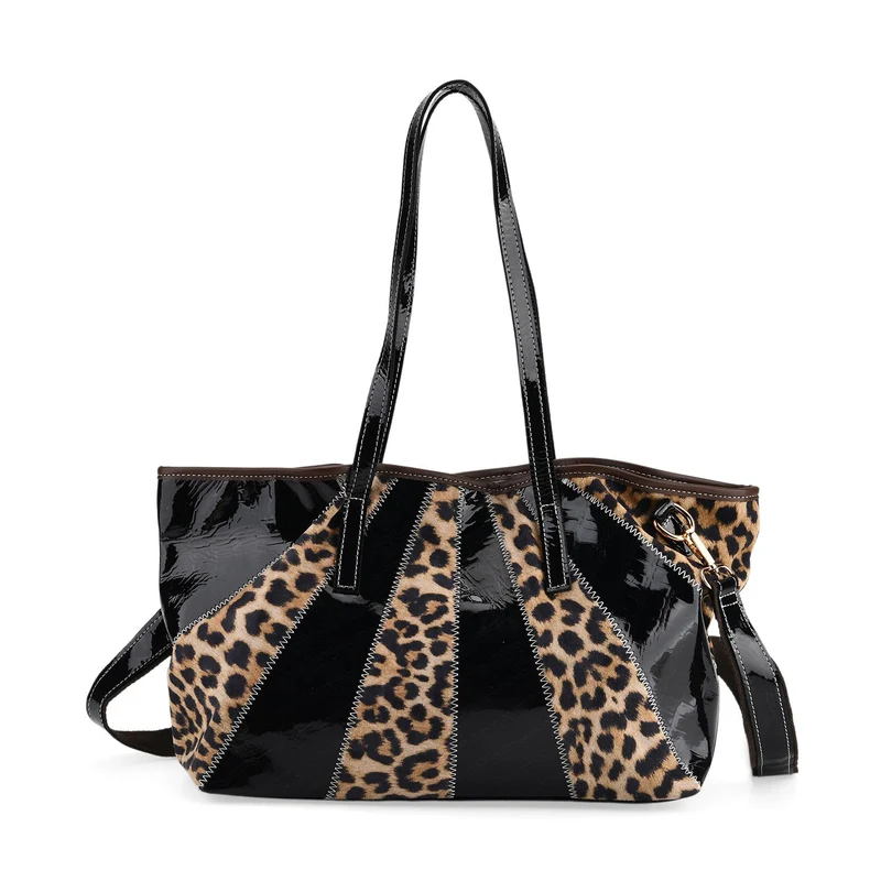 Chaos by Elsie Echtleder Shopper mit RFID, Strahlen Paneel Design, Patchwork aus geprägten Ledern Kroko Schlange Leopard Metallic, 33 x 13 x 24 cm, Mehrfarbig