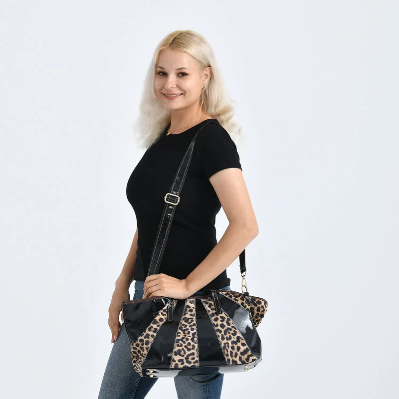 Chaos by Elsie Echtleder Shopper mit RFID, Strahlen Paneel Design, Patchwork aus geprägten Ledern Kroko Schlange Leopard Metallic, 33 x 13 x 24 cm, Mehrfarbig