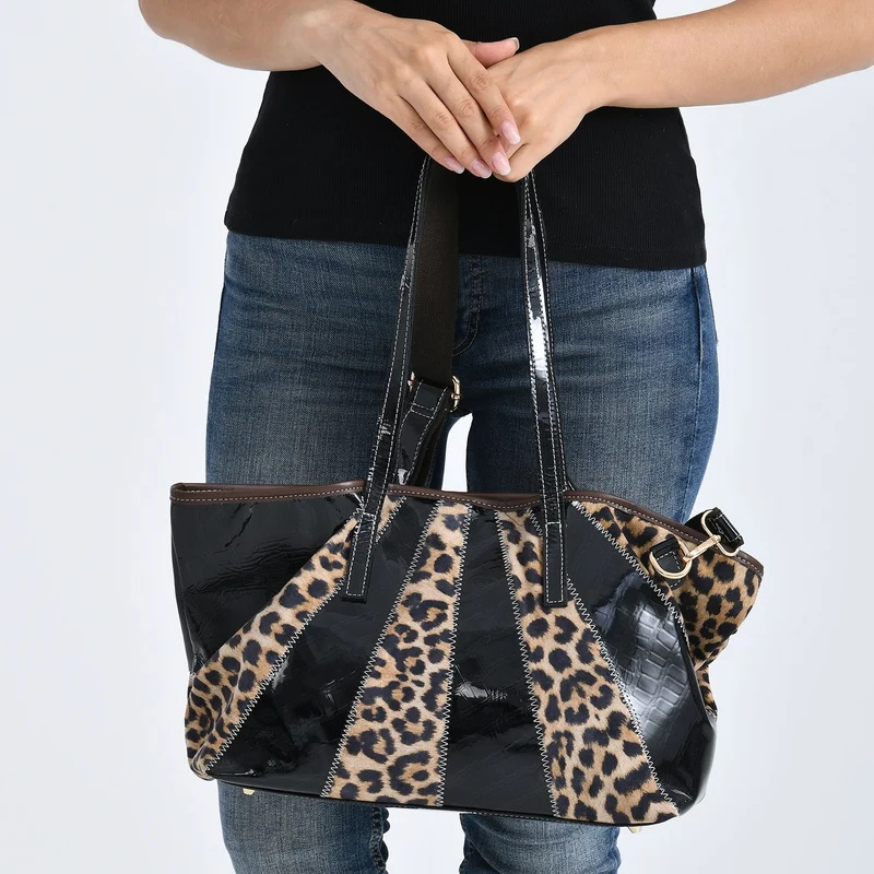 Chaos by Elsie Echtleder Shopper mit RFID, Strahlen Paneel Design, Patchwork aus geprägten Ledern Kroko Schlange Leopard Metallic, 33 x 13 x 24 cm, Mehrfarbig