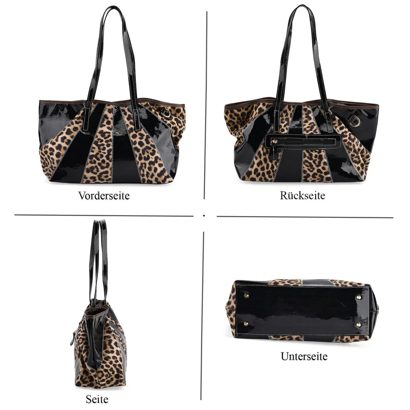 Chaos by Elsie Echtleder Shopper mit RFID, Strahlen Paneel Design, Patchwork aus geprägten Ledern Kroko Schlange Leopard Metallic, 33 x 13 x 24 cm, Mehrfarbig