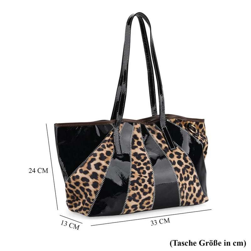 Chaos by Elsie Echtleder Shopper mit RFID, Strahlen Paneel Design, Patchwork aus geprägten Ledern Kroko Schlange Leopard Metallic, 33 x 13 x 24 cm, Mehrfarbig