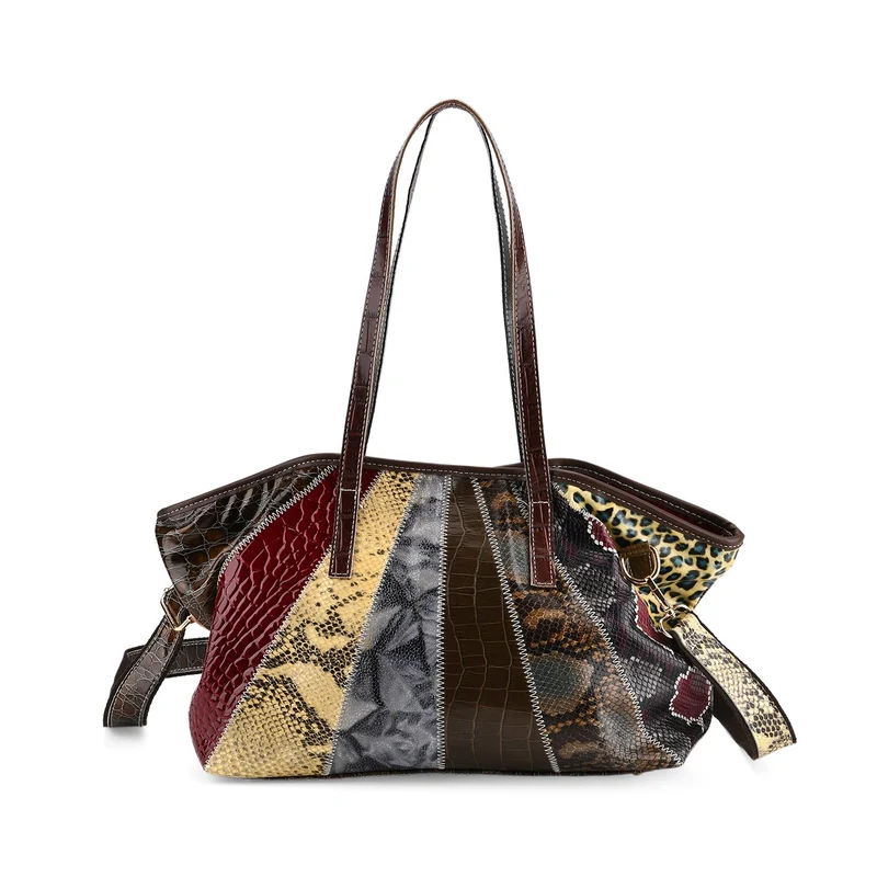 Chaos by Elsie Echtleder Shopper mit RFID, Strahlen Paneel Design, Patchwork aus geprägten Ledern Kroko Schlange Leopard Metallic, 33 x 13 x 24 cm, Mehrfarbig