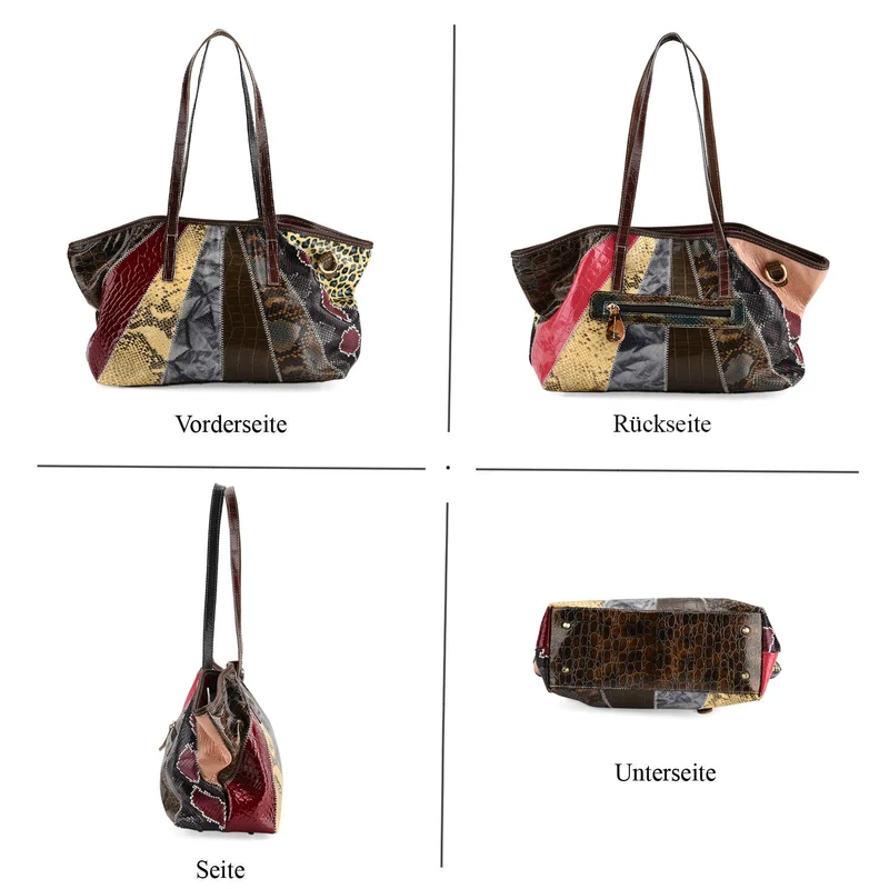 Chaos by Elsie Echtleder Shopper mit RFID, Strahlen Paneel Design, Patchwork aus geprägten Ledern Kroko Schlange Leopard Metallic, 33 x 13 x 24 cm, Mehrfarbig