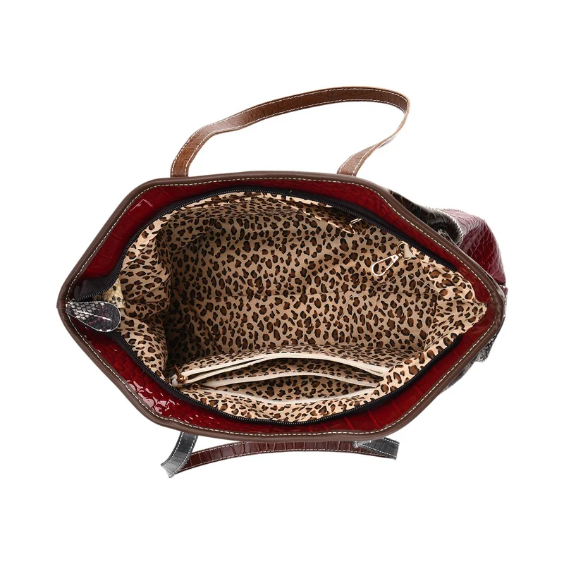 Chaos by Elsie Echtleder Shopper mit RFID, Strahlen Paneel Design, Patchwork aus geprägten Ledern Kroko Schlange Leopard Metallic, 33 x 13 x 24 cm, Mehrfarbig