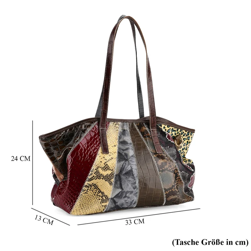 Chaos by Elsie Echtleder Shopper mit RFID, Strahlen Paneel Design, Patchwork aus geprägten Ledern Kroko Schlange Leopard Metallic, 33 x 13 x 24 cm, Mehrfarbig
