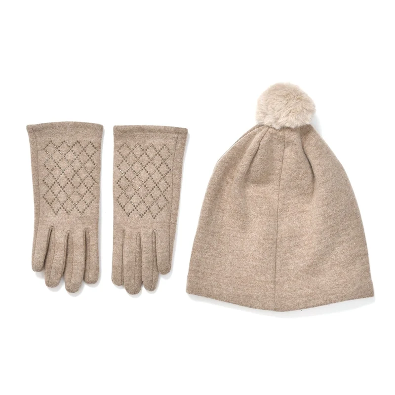 LA MAREY - 2er-Set Elegante Kaschmir Mützen und Handschuhen mit Mikroplüsch Futter, Marineblau