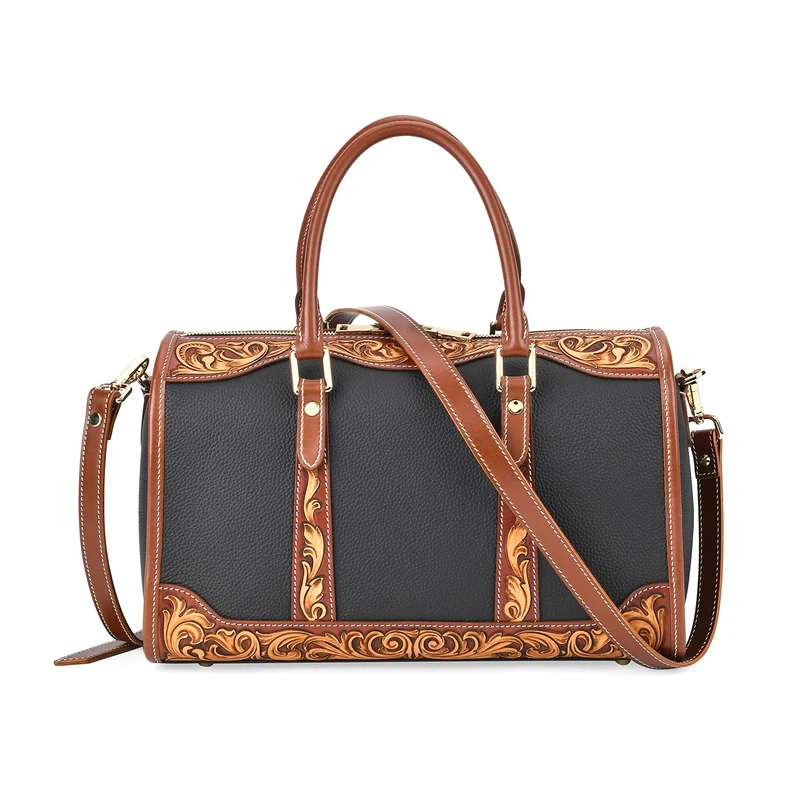 GRAND PELLE Elite Kollektion - Exklusive Handgravierte Leder-Handtasche mit Floralem Meisterwerk, 35 x 21 x 15 cm, Taubengrau