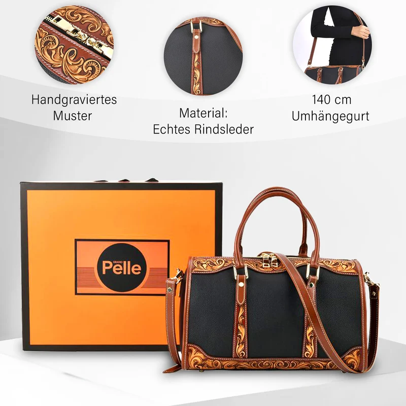 GRAND PELLE Elite Kollektion - Exklusive Handgravierte Leder-Handtasche mit Floralem Meisterwerk, 35 x 21 x 15 cm, Taubengrau