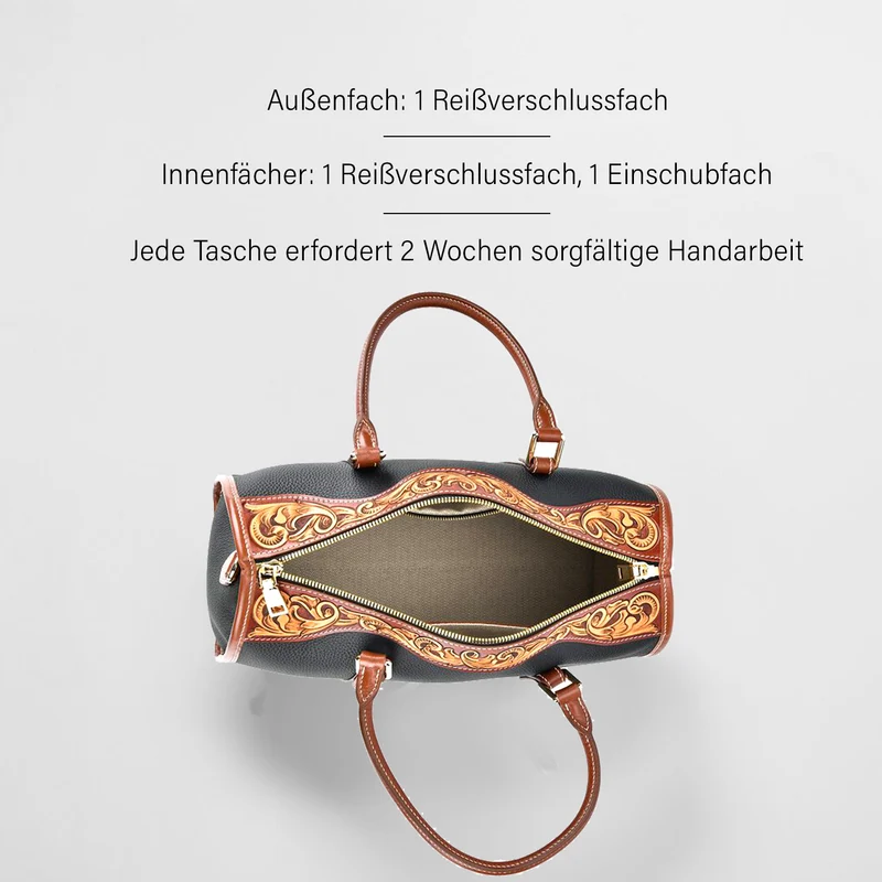 GRAND PELLE Elite Kollektion - Exklusive Handgravierte Leder-Handtasche mit Floralem Meisterwerk, 35 x 21 x 15 cm, Taubengrau