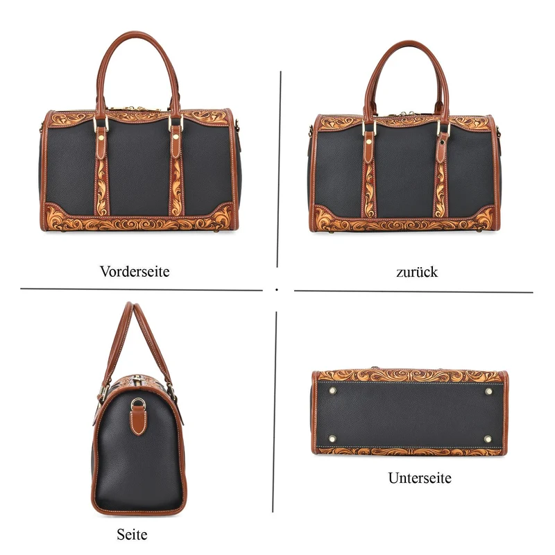 GRAND PELLE Elite Kollektion - Exklusive Handgravierte Leder-Handtasche mit Floralem Meisterwerk, 35 x 21 x 15 cm, Taubengrau