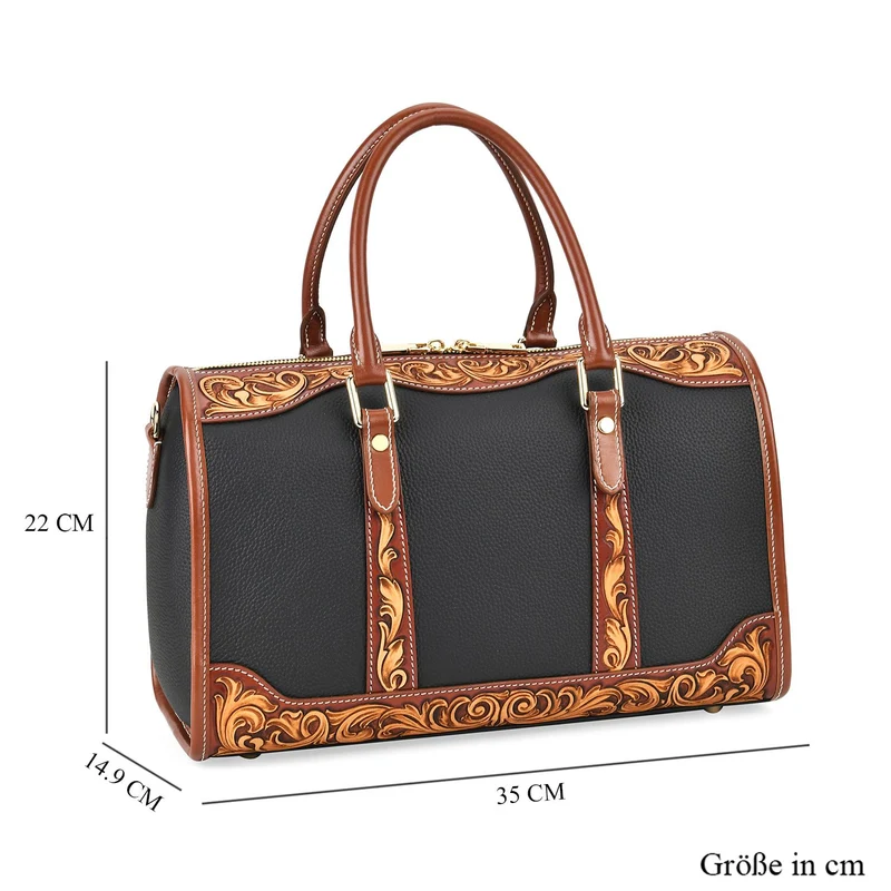GRAND PELLE Elite Kollektion - Exklusive Handgravierte Leder-Handtasche mit Floralem Meisterwerk, 35 x 21 x 15 cm, Taubengrau