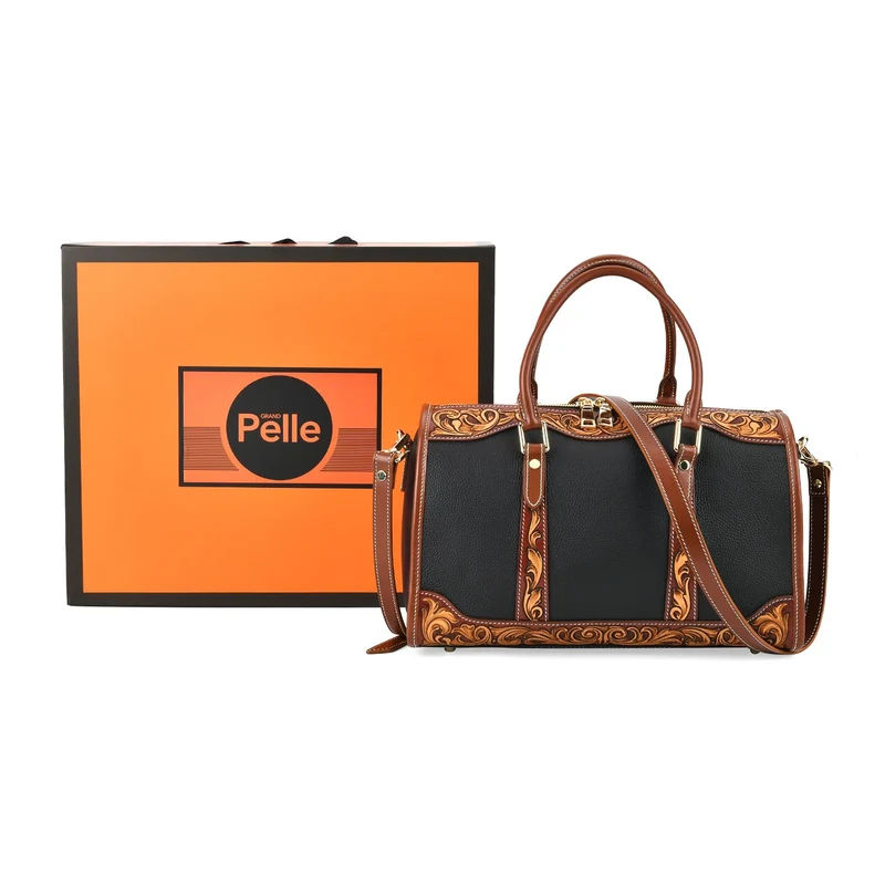 GRAND PELLE Elite Kollektion - Exklusive Handgravierte Leder-Handtasche mit Floralem Meisterwerk, 35 x 21 x 15 cm, Taubengrau
