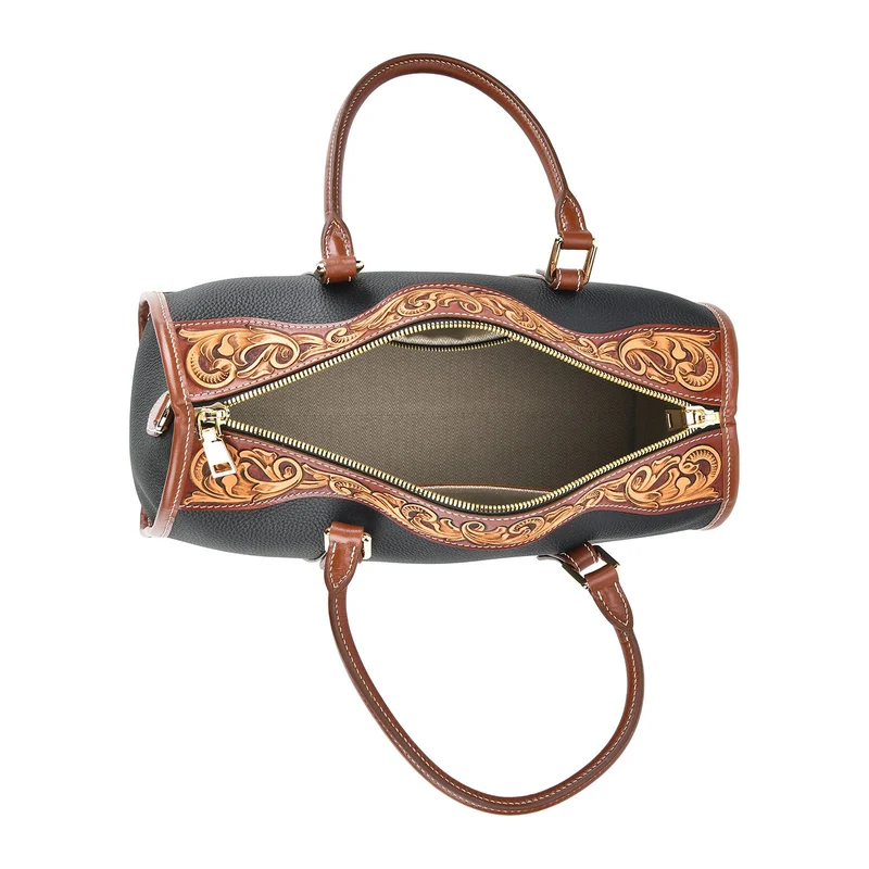 GRAND PELLE Elite Kollektion - Exklusive Handgravierte Leder-Handtasche mit Floralem Meisterwerk, 35 x 21 x 15 cm, Taubengrau