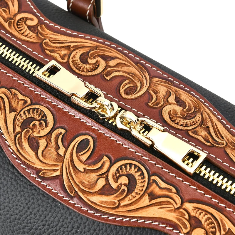 GRAND PELLE Elite Kollektion - Exklusive Handgravierte Leder-Handtasche mit Floralem Meisterwerk, 35 x 21 x 15 cm, Taubengrau