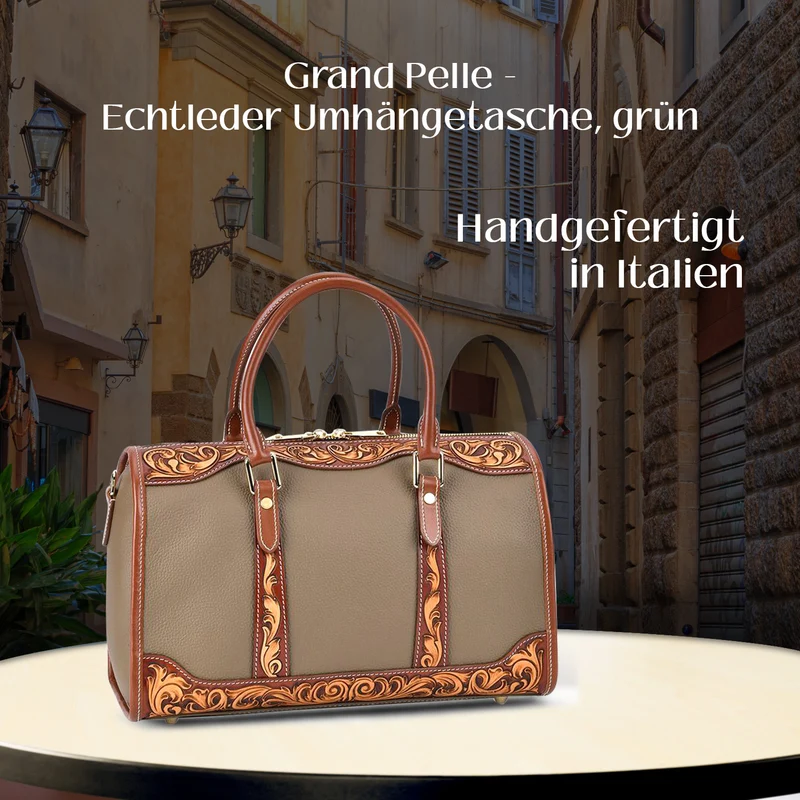 GRAND PELLE Elite Kollektion - Exklusive Handgravierte Leder-Handtasche mit Floralem Meisterwerk, 35 x 21 x 15 cm, Taubengrau