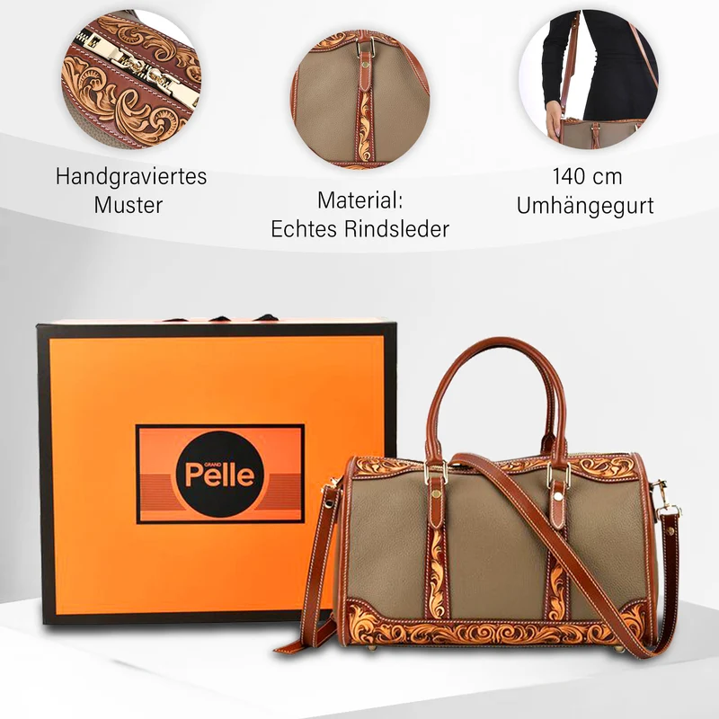 GRAND PELLE Elite Kollektion - Exklusive Handgravierte Leder-Handtasche mit Floralem Meisterwerk, 35 x 21 x 15 cm, Taubengrau