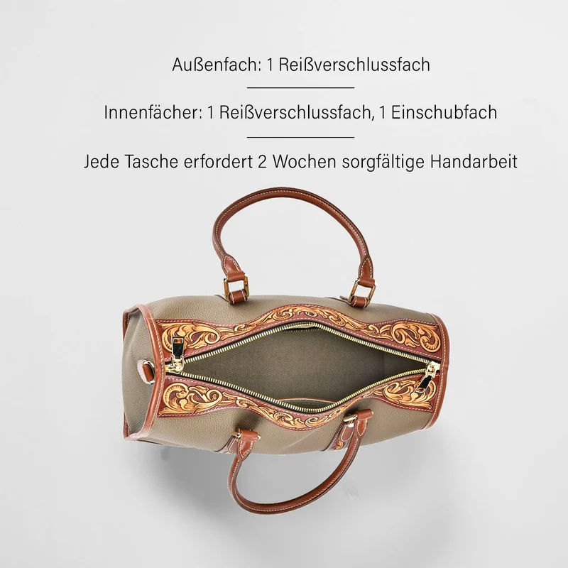 GRAND PELLE Elite Kollektion - Exklusive Handgravierte Leder-Handtasche mit Floralem Meisterwerk, 35 x 21 x 15 cm, Taubengrau