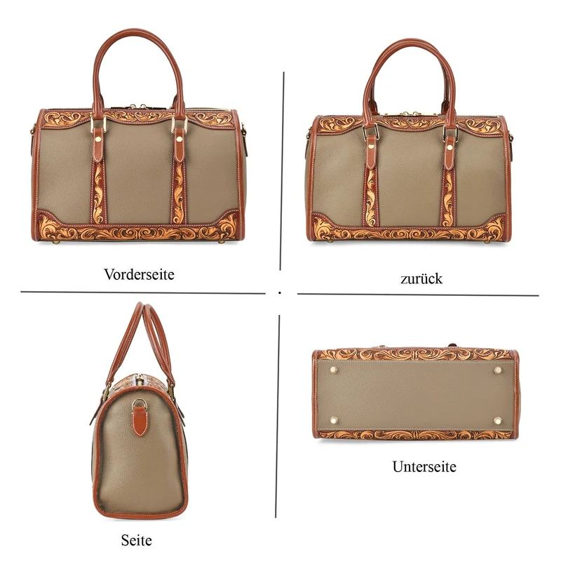 GRAND PELLE Elite Kollektion - Exklusive Handgravierte Leder-Handtasche mit Floralem Meisterwerk, 35 x 21 x 15 cm, Taubengrau
