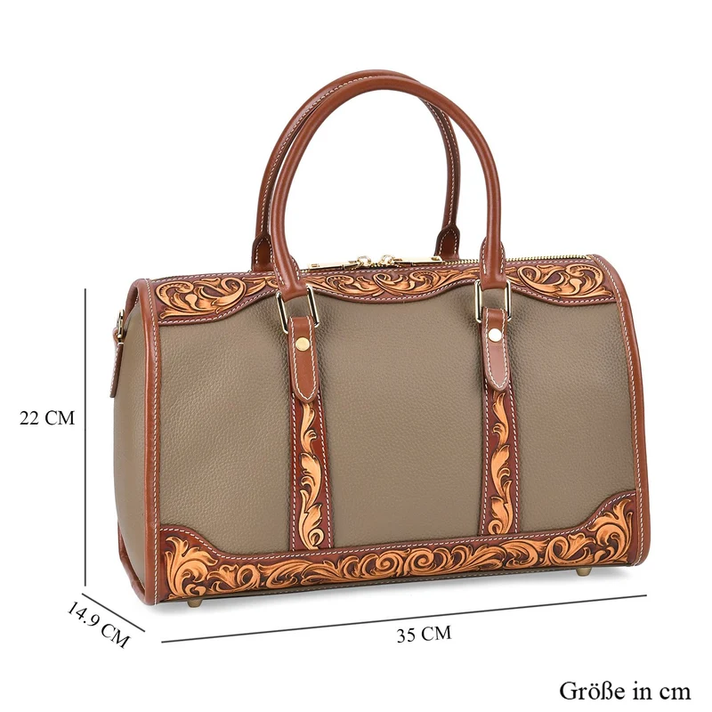 GRAND PELLE Elite Kollektion - Exklusive Handgravierte Leder-Handtasche mit Floralem Meisterwerk, 35 x 21 x 15 cm, Taubengrau