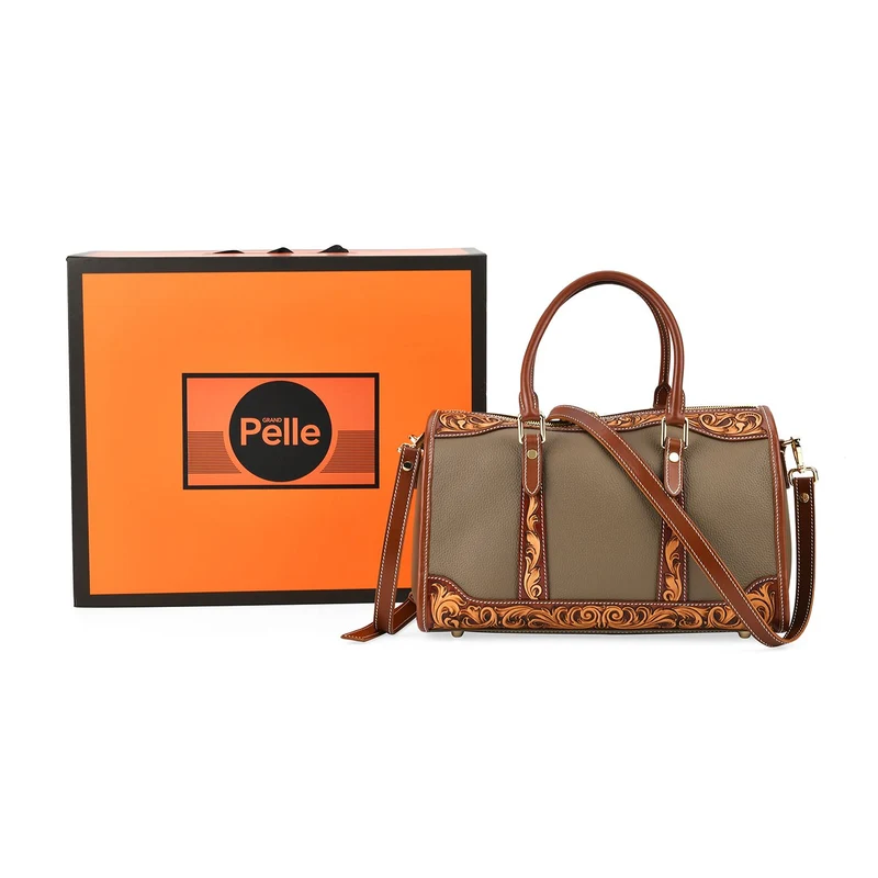 GRAND PELLE Elite Kollektion - Exklusive Handgravierte Leder-Handtasche mit Floralem Meisterwerk, 35 x 21 x 15 cm, Taubengrau