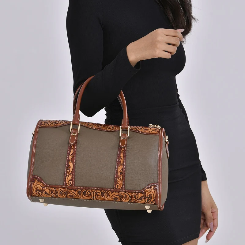 GRAND PELLE Elite Kollektion - Exklusive Handgravierte Leder-Handtasche mit Floralem Meisterwerk, 35 x 21 x 15 cm, Taubengrau