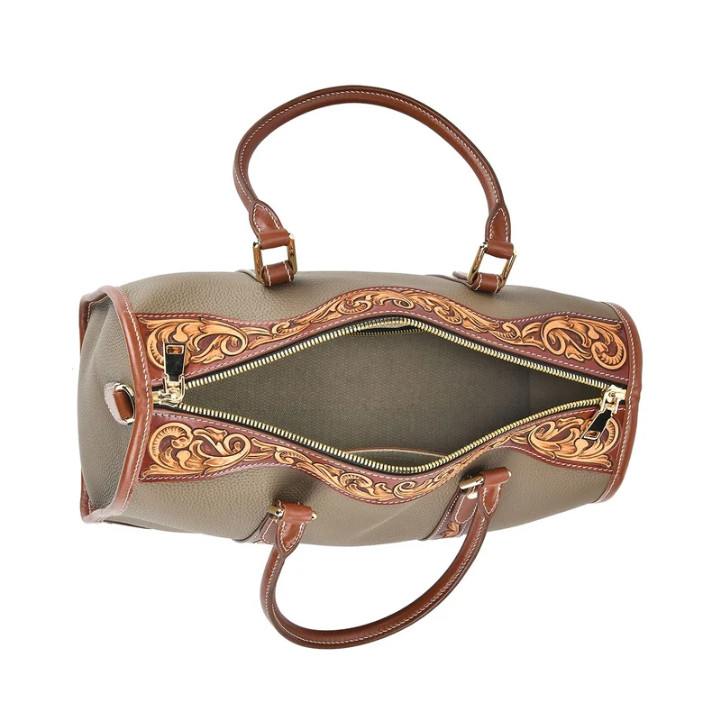 GRAND PELLE Elite Kollektion - Exklusive Handgravierte Leder-Handtasche mit Floralem Meisterwerk, 35 x 21 x 15 cm, Taubengrau