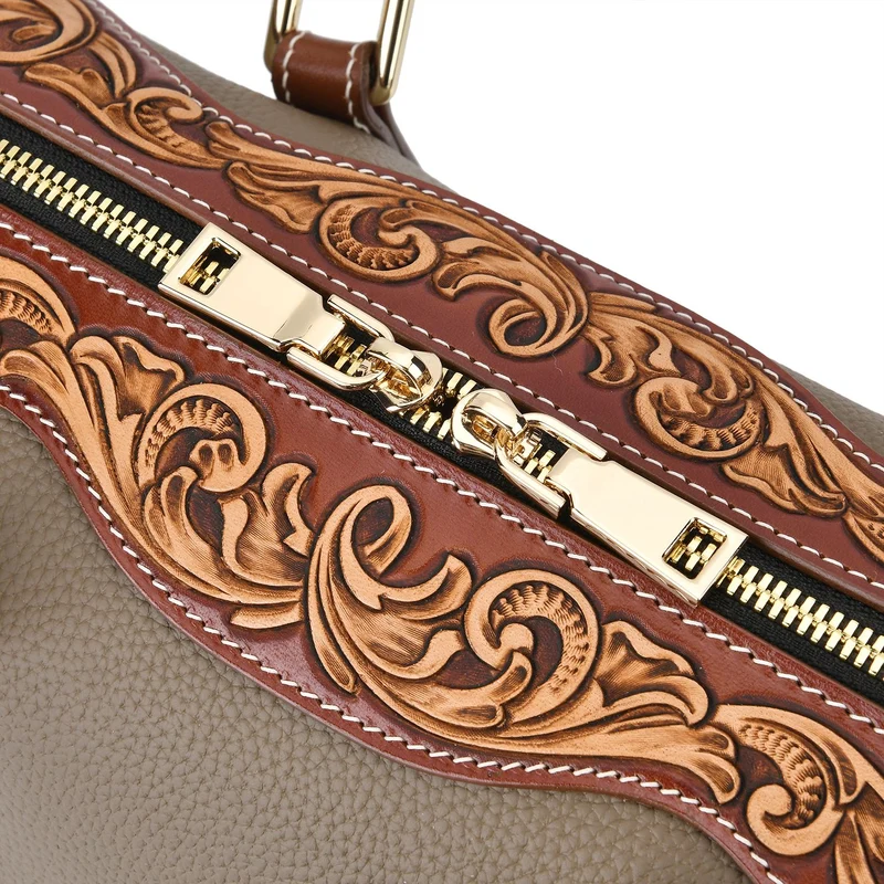 GRAND PELLE Elite Kollektion - Exklusive Handgravierte Leder-Handtasche mit Floralem Meisterwerk, 35 x 21 x 15 cm, Taubengrau