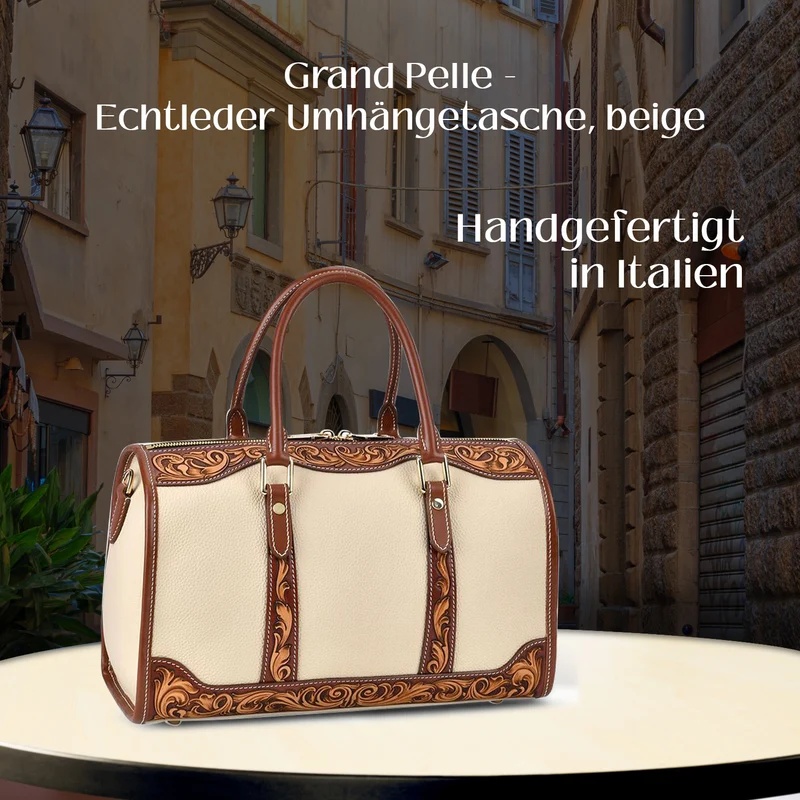 GRAND PELLE Elite Kollektion - Exklusive Handgravierte Leder-Handtasche mit Floralem Meisterwerk, 35 x 21 x 15 cm, Taubengrau