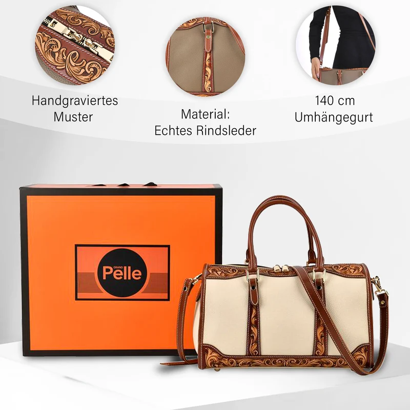 GRAND PELLE Elite Kollektion - Exklusive Handgravierte Leder-Handtasche mit Floralem Meisterwerk, 35 x 21 x 15 cm, Taubengrau
