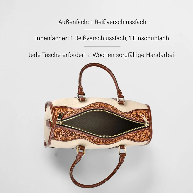 GRAND PELLE Elite Kollektion - Exklusive Handgravierte Leder-Handtasche mit Floralem Meisterwerk, 35 x 21 x 15 cm, Taubengrau