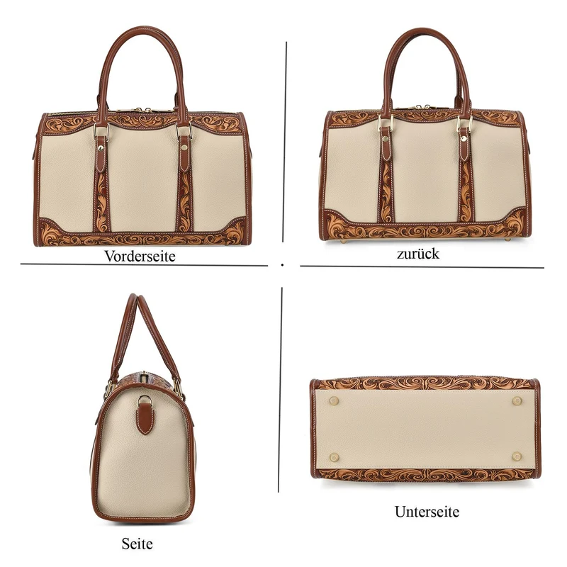 GRAND PELLE Elite Kollektion - Exklusive Handgravierte Leder-Handtasche mit Floralem Meisterwerk, 35 x 21 x 15 cm, Taubengrau