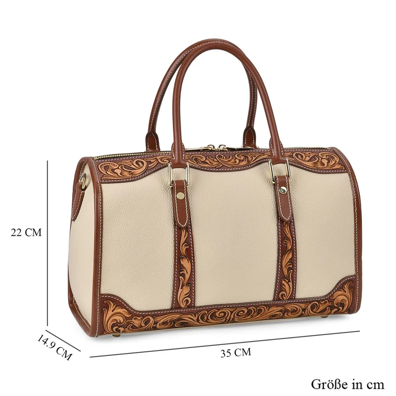 GRAND PELLE Elite Kollektion - Exklusive Handgravierte Leder-Handtasche mit Floralem Meisterwerk, 35 x 21 x 15 cm, Taubengrau