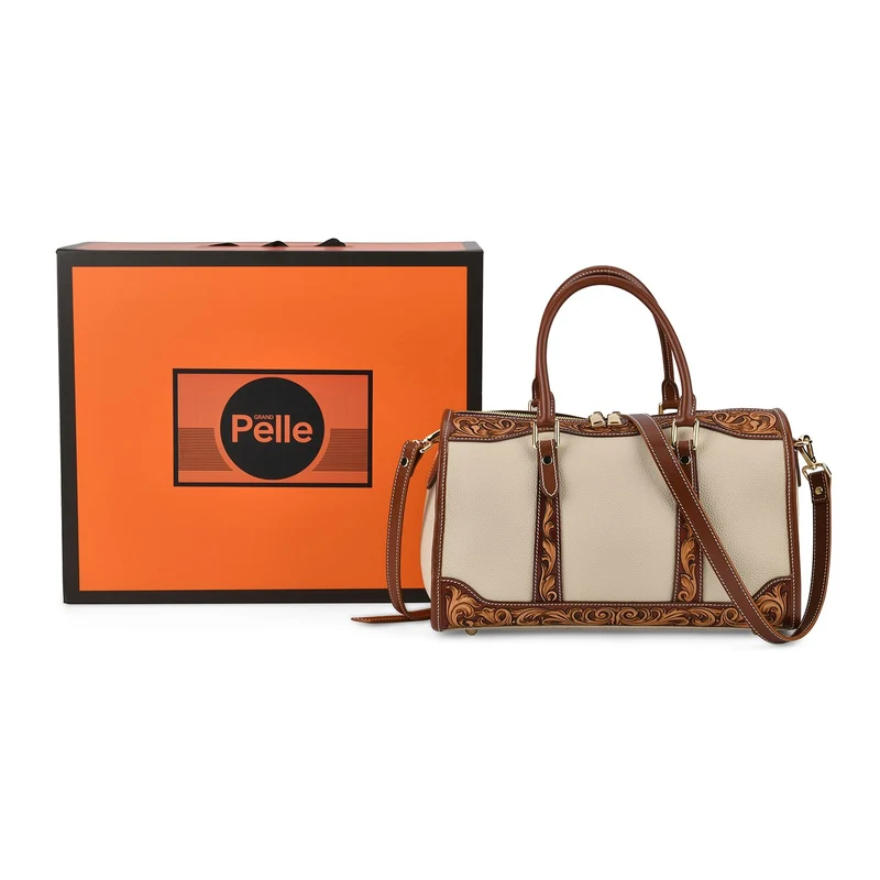 GRAND PELLE Elite Kollektion - Exklusive Handgravierte Leder-Handtasche mit Floralem Meisterwerk, 35 x 21 x 15 cm, Taubengrau