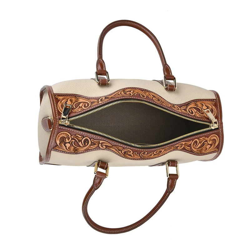 GRAND PELLE Elite Kollektion - Exklusive Handgravierte Leder-Handtasche mit Floralem Meisterwerk, 35 x 21 x 15 cm, Taubengrau