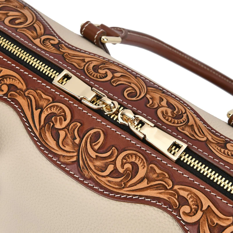 GRAND PELLE Elite Kollektion - Exklusive Handgravierte Leder-Handtasche mit Floralem Meisterwerk, 35 x 21 x 15 cm, Taubengrau