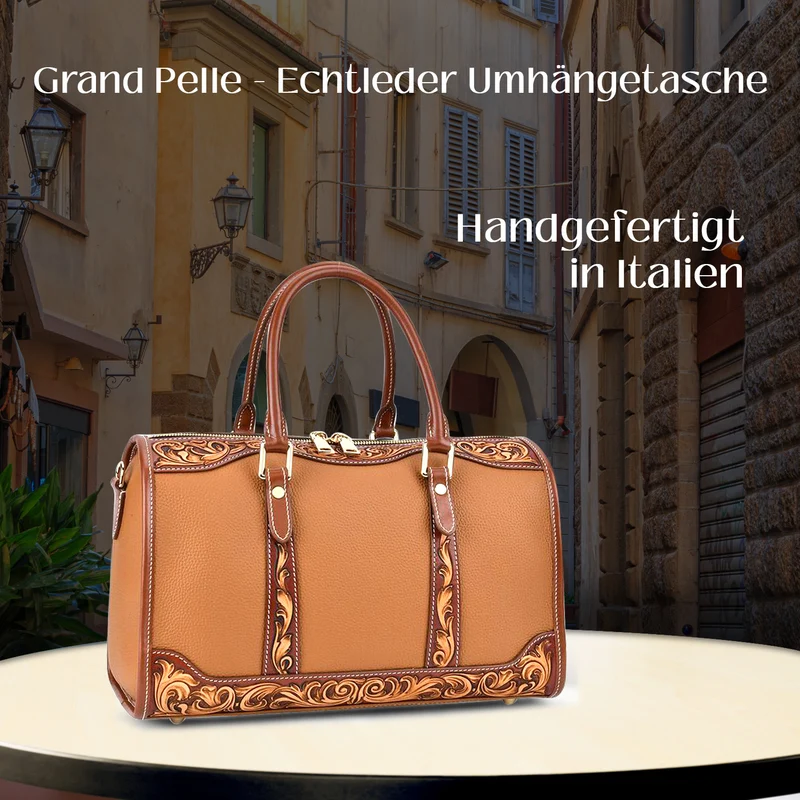 GRAND PELLE Elite Kollektion - Exklusive Handgravierte Leder-Handtasche mit Floralem Meisterwerk, 35 x 21 x 15 cm, Taubengrau