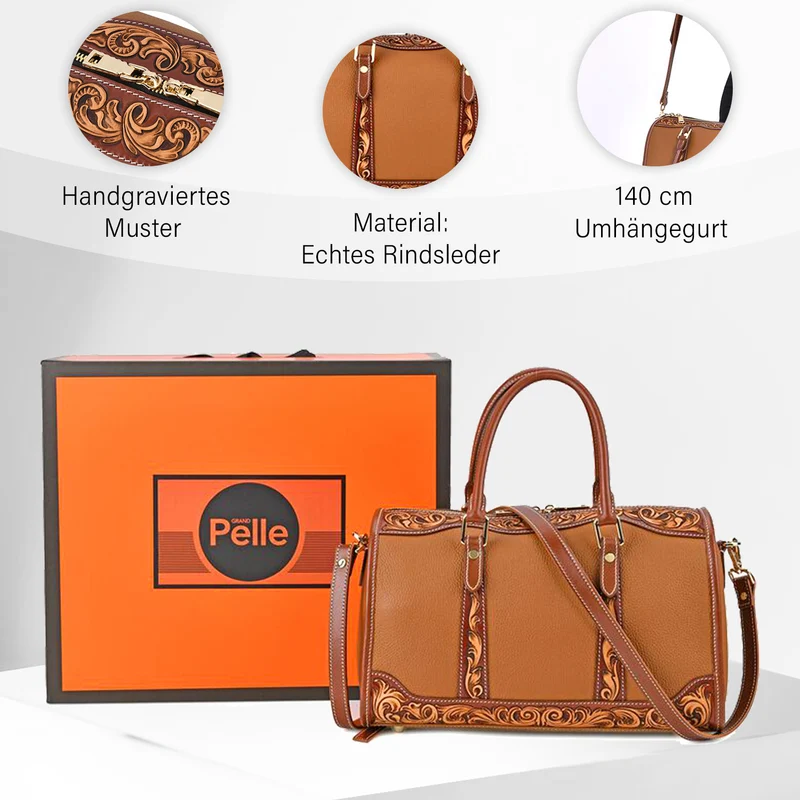 GRAND PELLE Elite Kollektion - Exklusive Handgravierte Leder-Handtasche mit Floralem Meisterwerk, 35 x 21 x 15 cm, Taubengrau