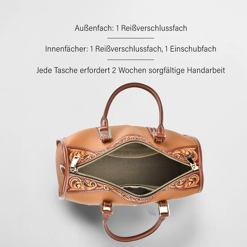 GRAND PELLE Elite Kollektion - Exklusive Handgravierte Leder-Handtasche mit Floralem Meisterwerk, 35 x 21 x 15 cm, Taubengrau