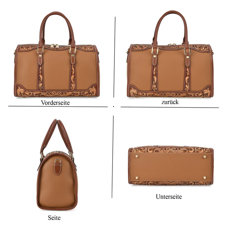 GRAND PELLE Elite Kollektion - Exklusive Handgravierte Leder-Handtasche mit Floralem Meisterwerk, 35 x 21 x 15 cm, Taubengrau