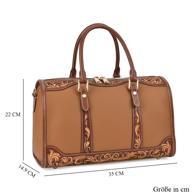 GRAND PELLE Elite Kollektion - Exklusive Handgravierte Leder-Handtasche mit Floralem Meisterwerk, 35 x 21 x 15 cm, Taubengrau