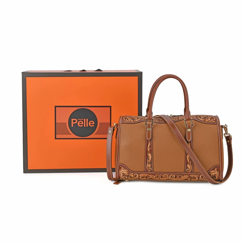 GRAND PELLE Elite Kollektion - Exklusive Handgravierte Leder-Handtasche mit Floralem Meisterwerk, 35 x 21 x 15 cm, Taubengrau