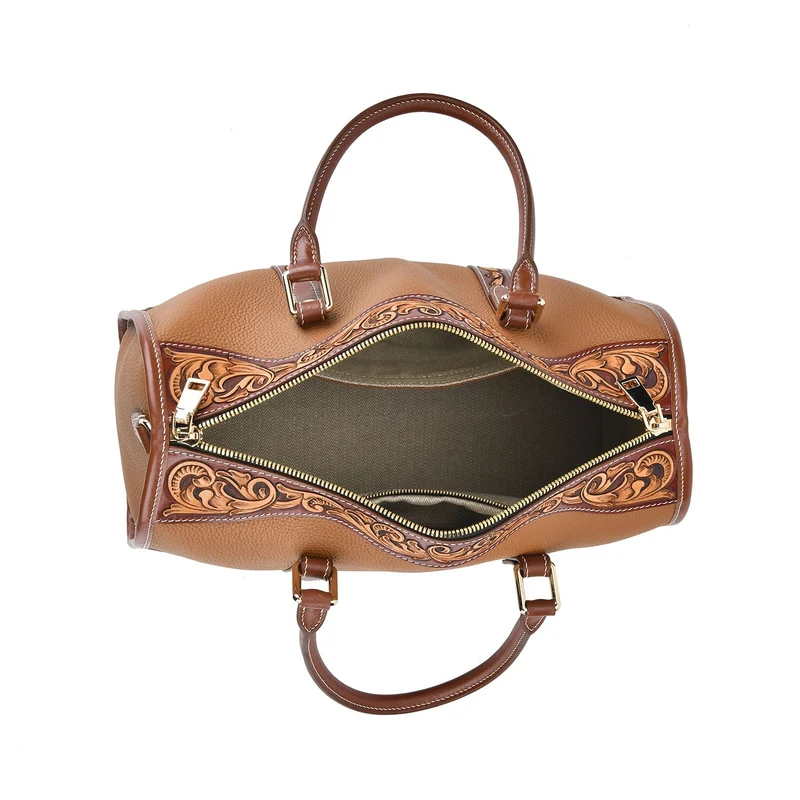 GRAND PELLE Elite Kollektion - Exklusive Handgravierte Leder-Handtasche mit Floralem Meisterwerk, 35 x 21 x 15 cm, Taubengrau
